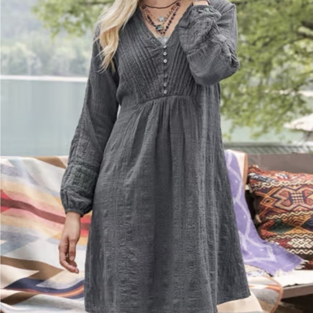 Sundance Blue Hallie Pintuck Eyelet Trim Button Front Dress XS